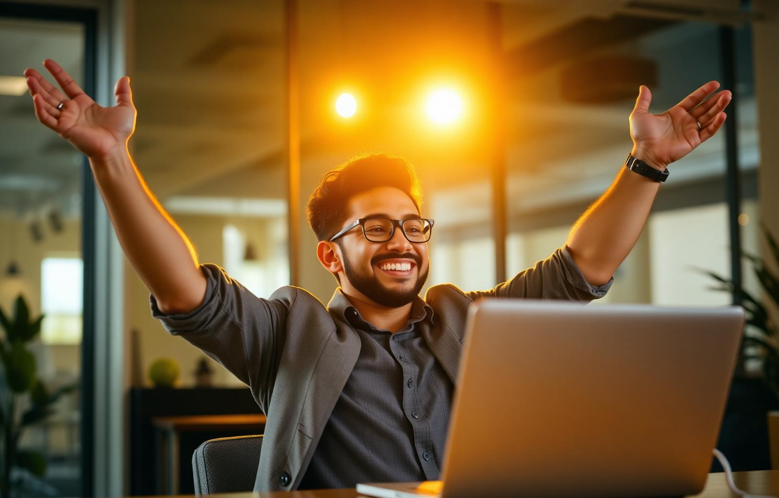 Emprendedor celebrando el éxito de tener sus finanzas claras